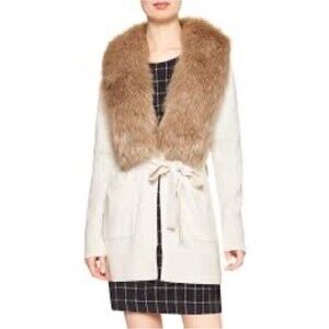 Banana Republic Cream Faux Fur Collar Wrap Tie Cardigan Womens Size Medium NWT’s